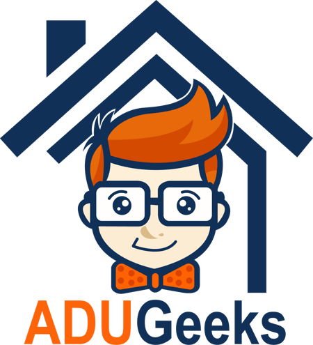 Orange Hair Man with Glasses in front of house icon with ADUGeeks word